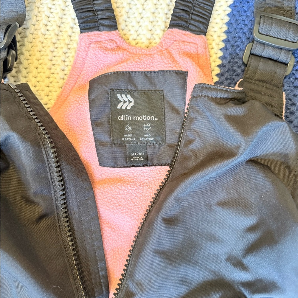 all in motion Black Kids Snow Bibs with Pink Fleece Lining